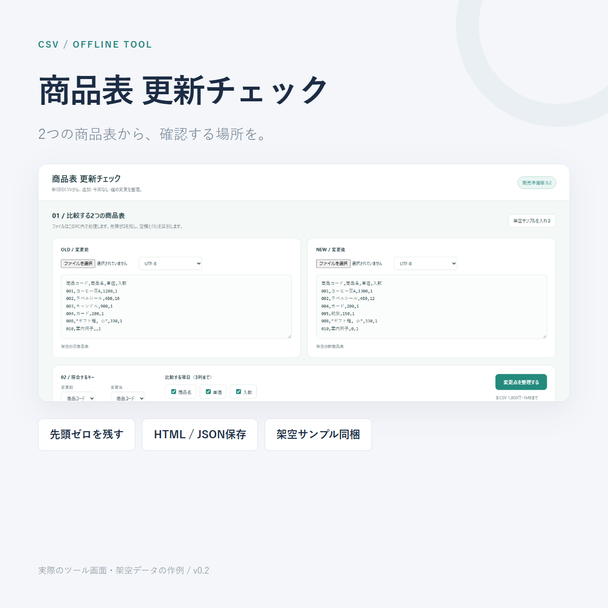 商品表更新チェックで新旧CSVの差分を整理した見本