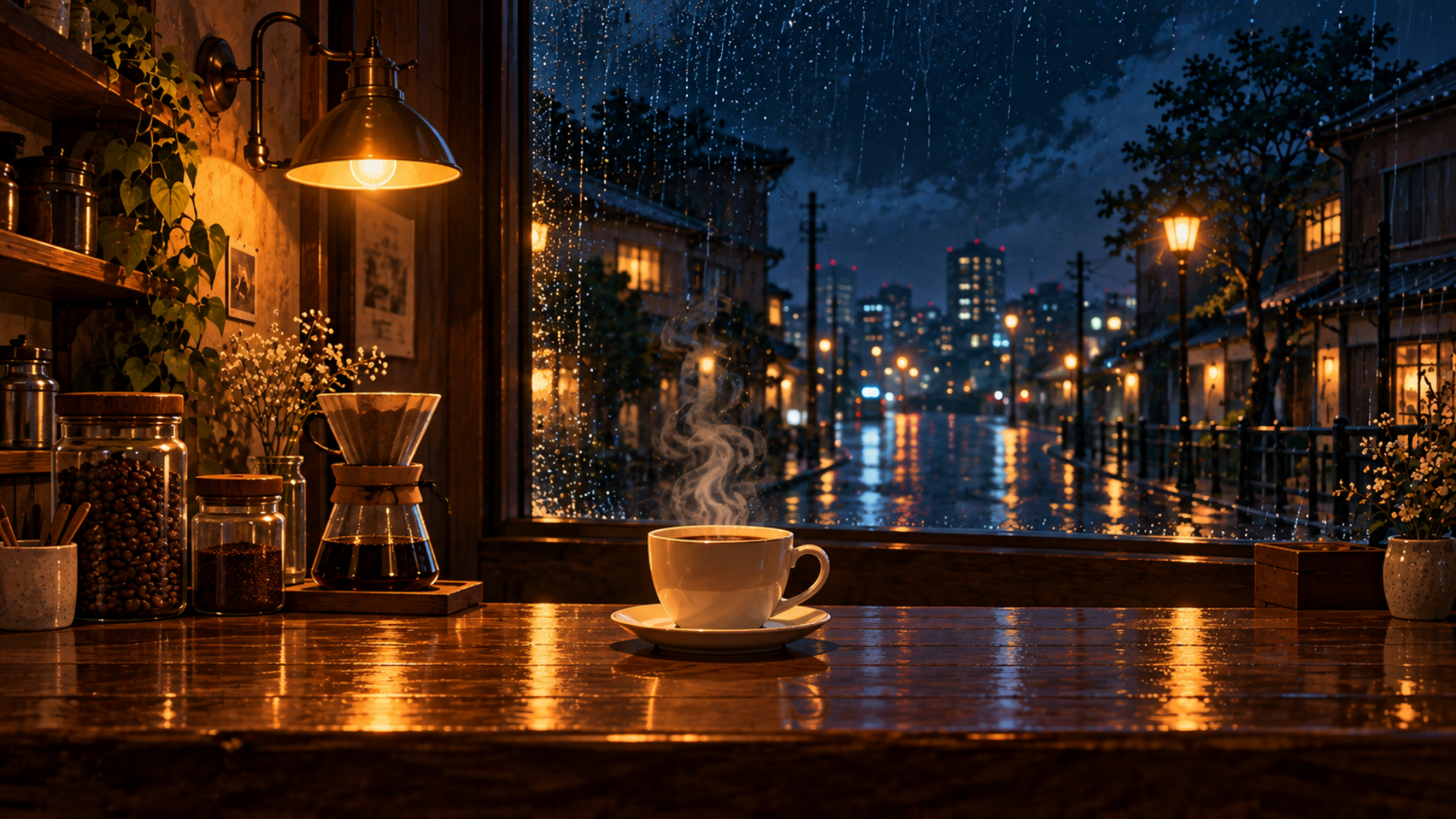 暖かい照明と木のカウンターがある夜の喫茶店