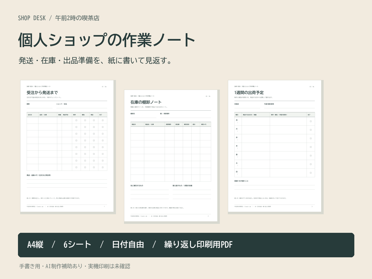 個人ショップの発送・在庫・出品準備ノートの使用イメージ