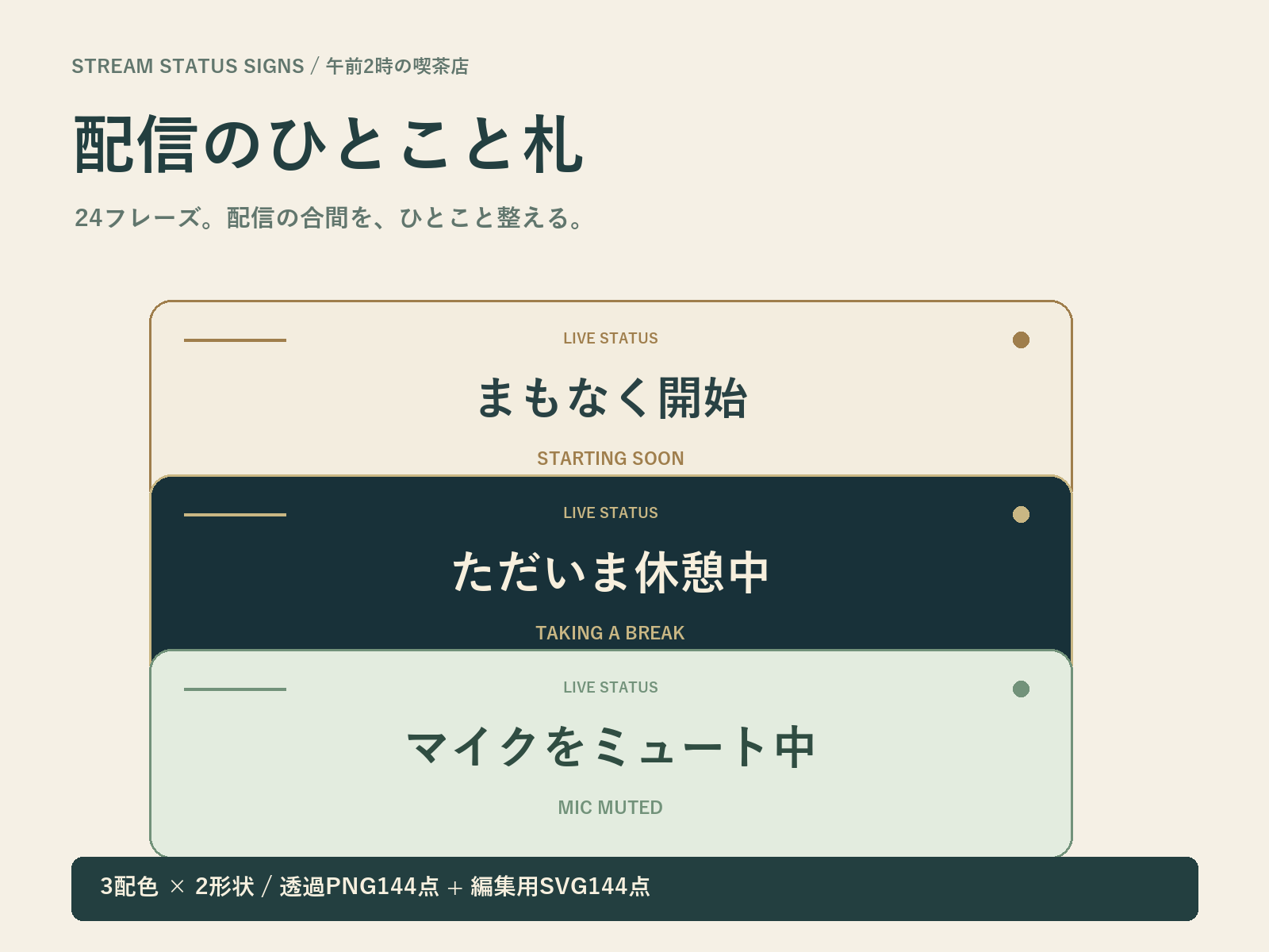 まもなく開始・休憩中など配信のひとこと札の見本